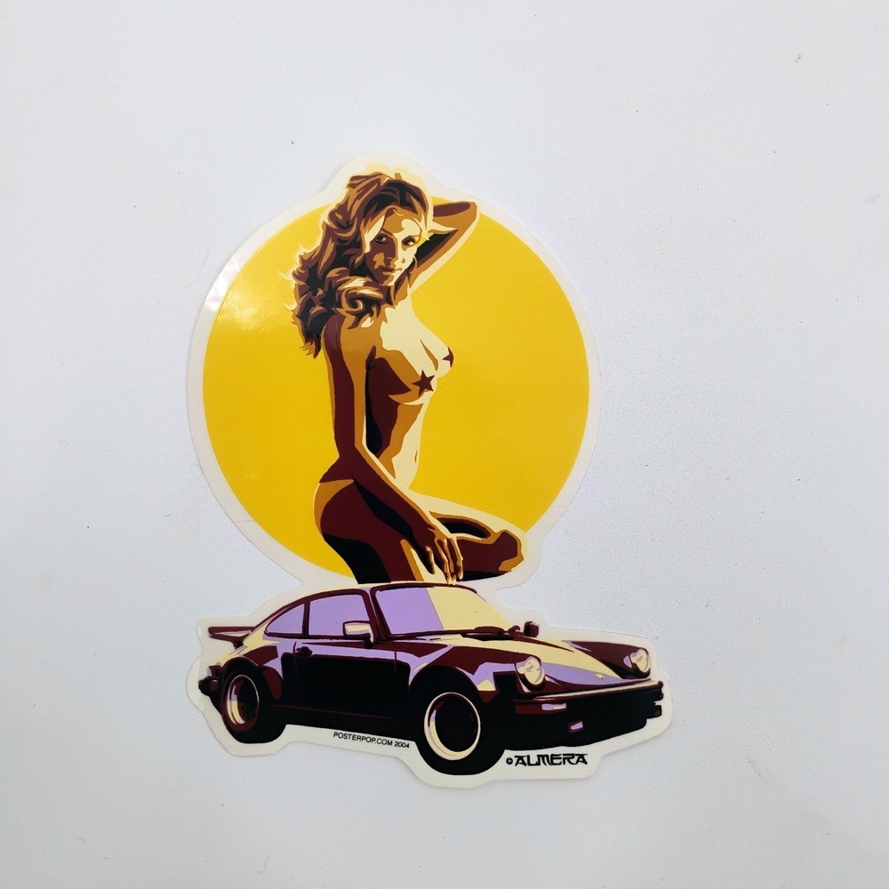 Marco Almera Poster Pop 2004 Pinup Girl Porsche Sports Car Decal Sticker VTG Y2K